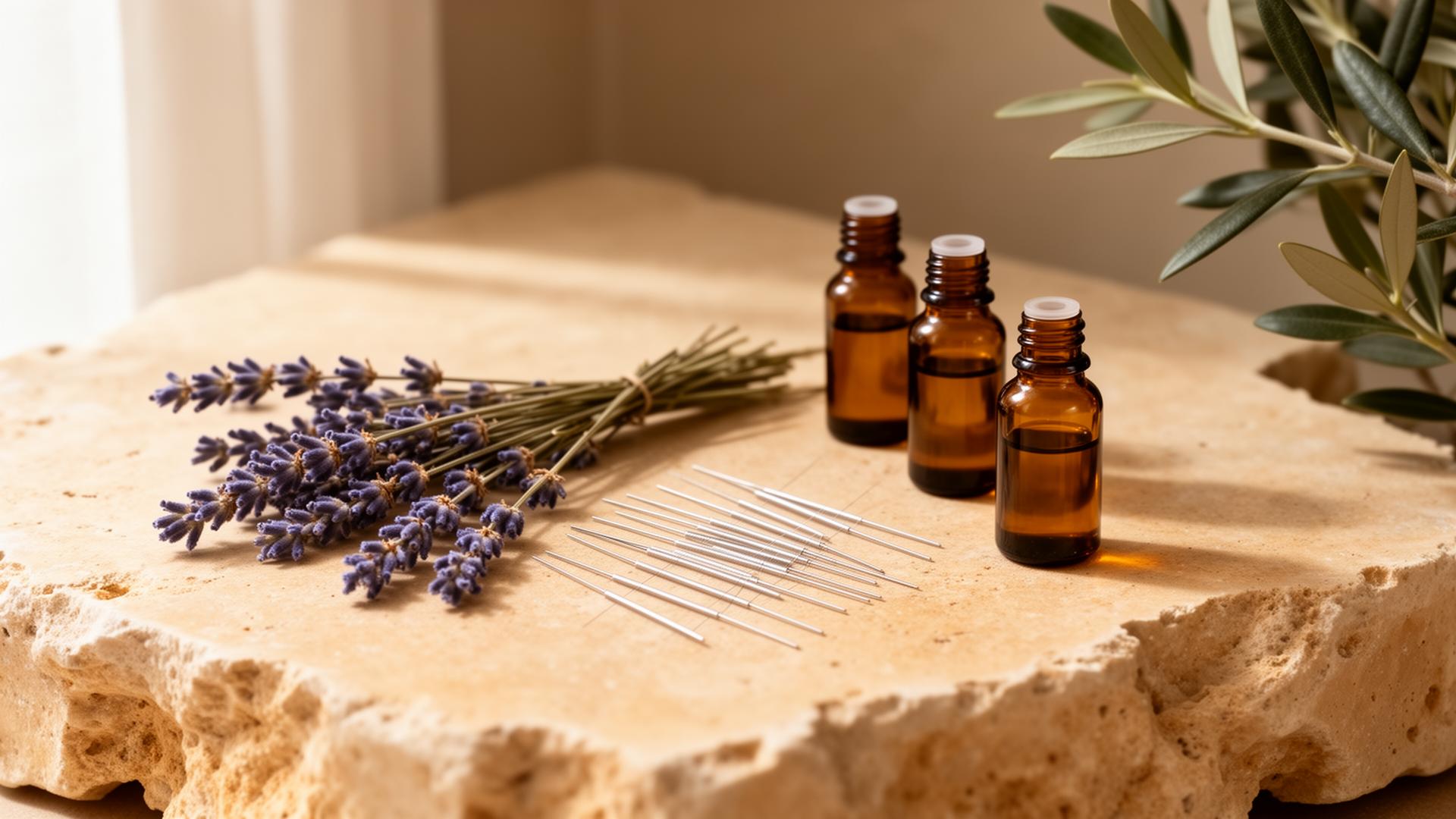 Composição com agulhas de acupuntura, lavanda e óleos essenciais